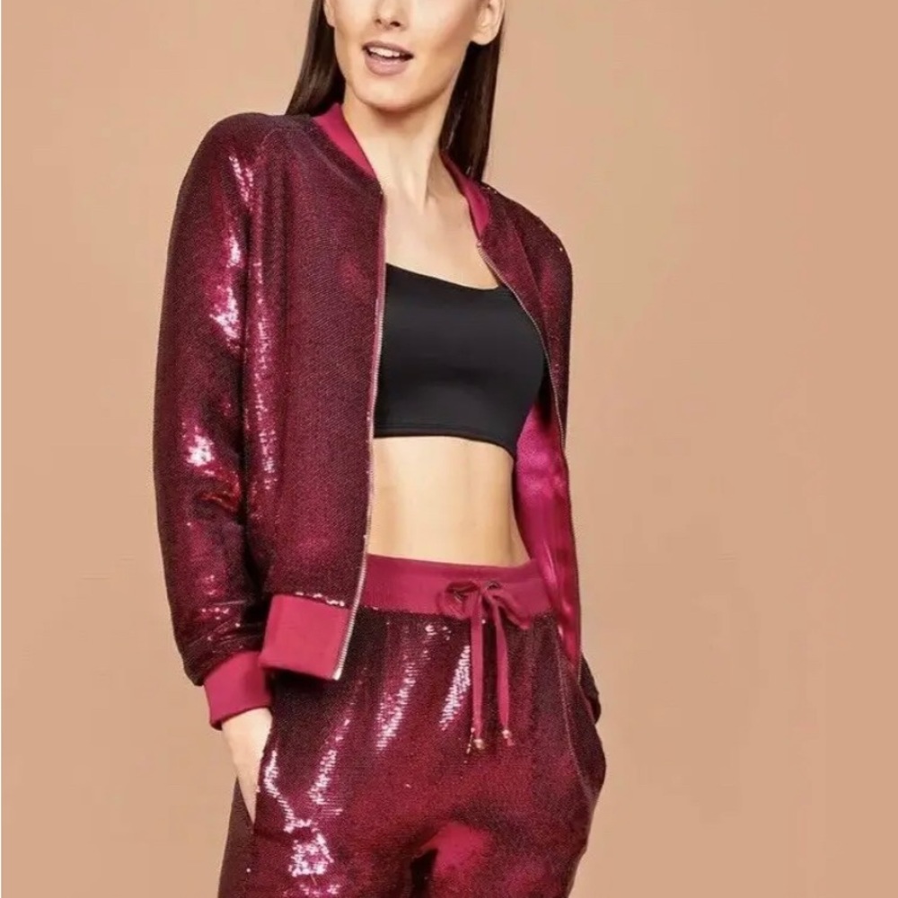 Nadine Merabi Berry Sequin Bomber Jacket NWT Small